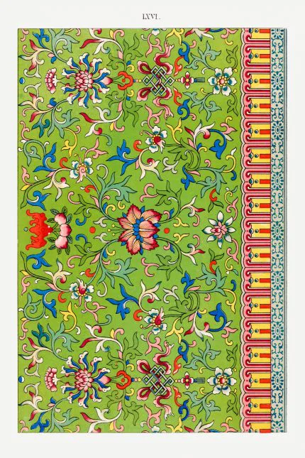 Yeşil Zeminde Şark Çiçek Deseni