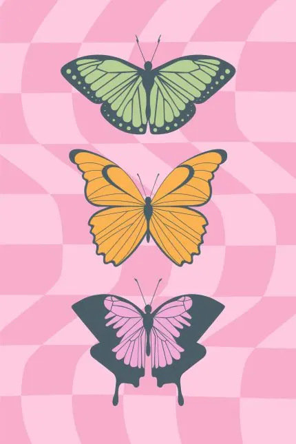 Pembe Damalı Zeminde Üç Kelebek