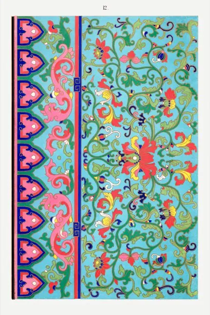 Turkuaz Zeminde Çin Bordür Deseni