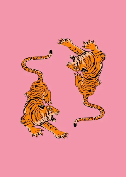 Pembe Zeminde Oynayan İki Kaplan
