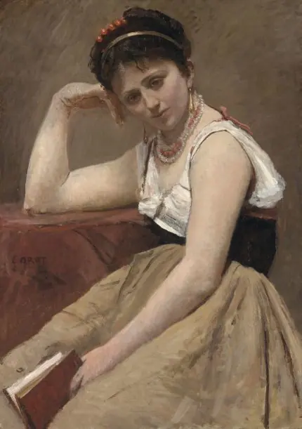 Corot Mavi Şallı Okuyan Kadın